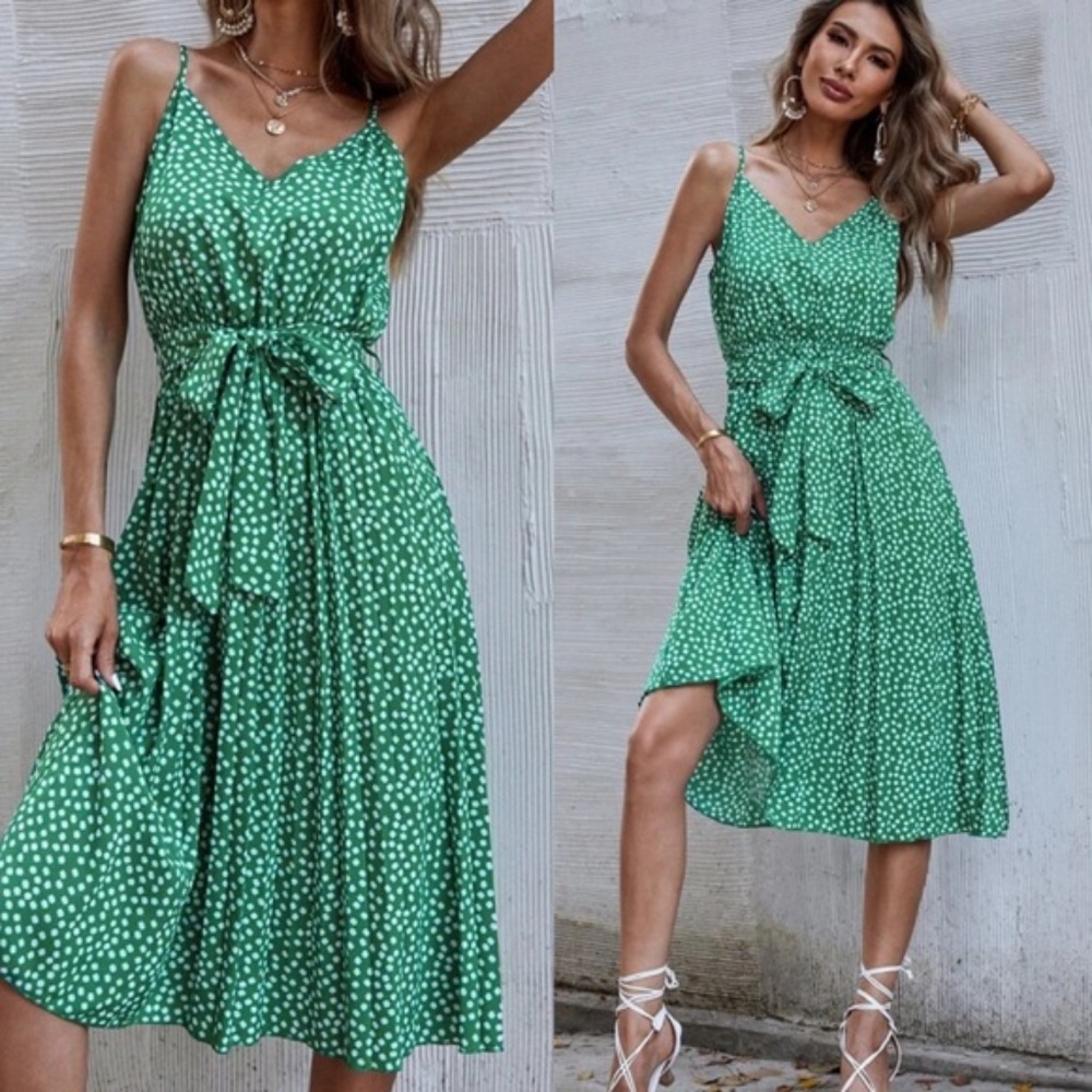 Boho Polka Dot Belted V neck Cami Dress Yellow - Picture 6 of 12